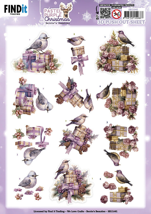 Berries Beauties, 3D Push Out Sheet, Pastel Purple Christmas - Birds