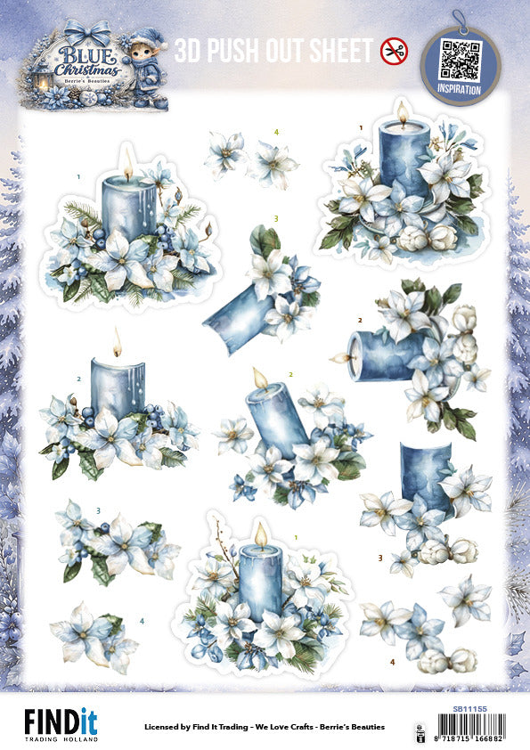 Berries Beauties 3D Push Out Sheet, Blue Christmas - Blue Candles and White Poinsettia SB11155