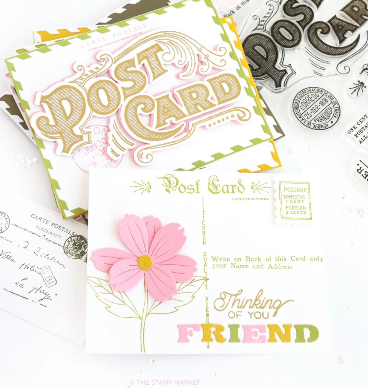 The Stamp Market, Vintage Postcard Set Stamp & Die cut