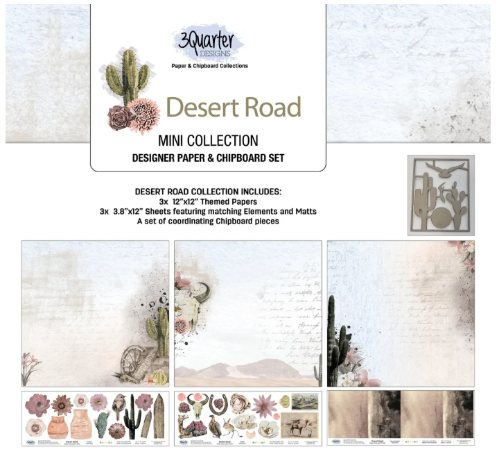 3 Quarter Designs, 12x12 Paper & Chipboard Collection, Desert Road Mini Collection