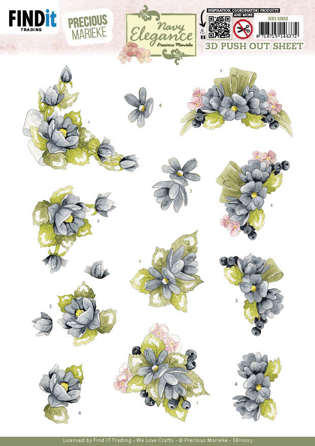 Find IT Trading, Precious Marieke 3D Push Out Sheet, Navy Elegance - Blue Flowers SB11003