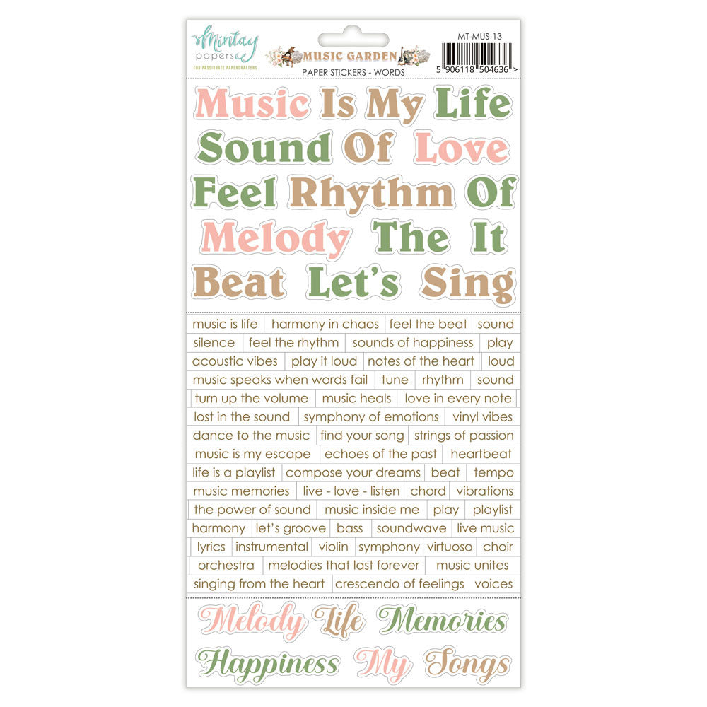 Mintay, 6X12 Paper Stickers, Music Garden - Words