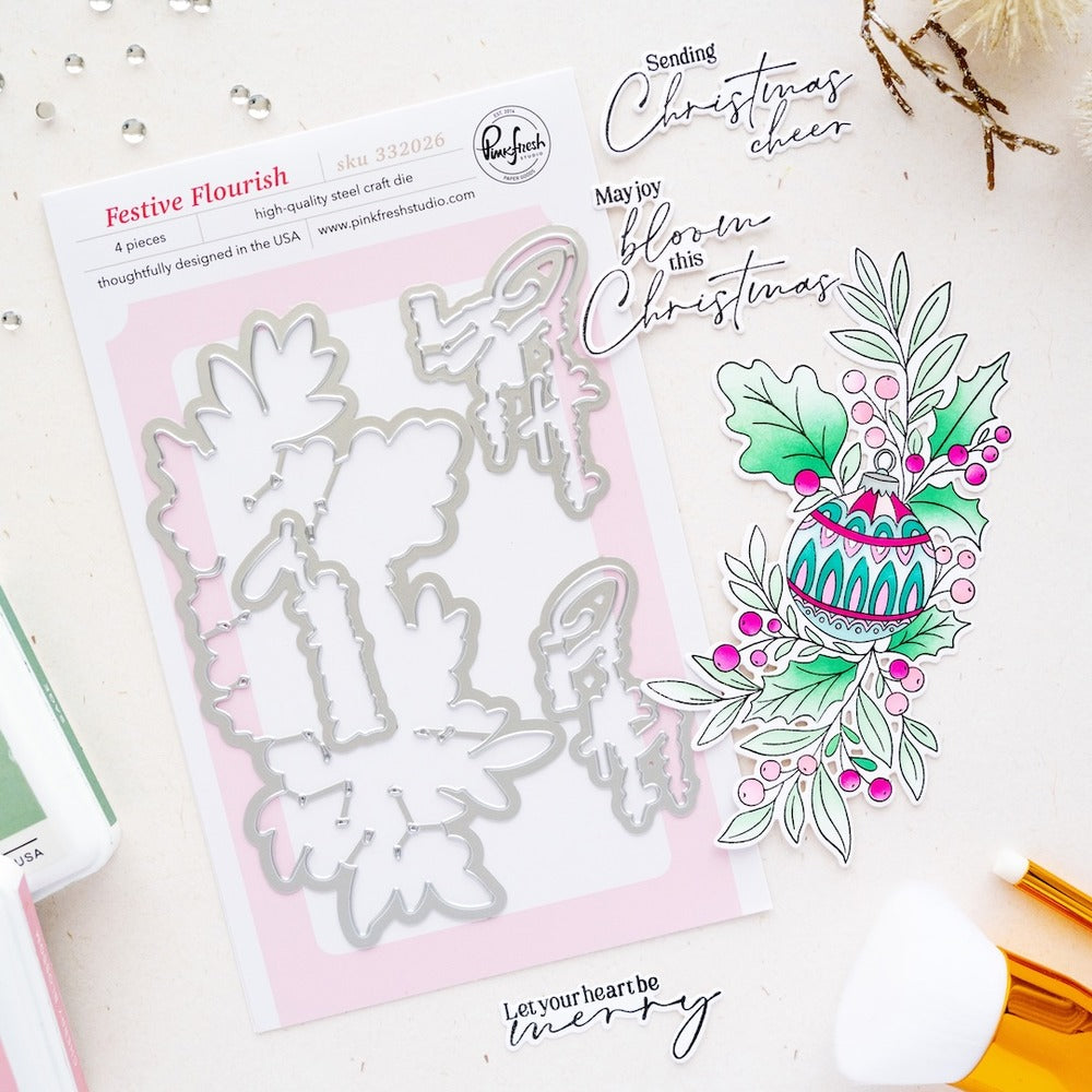 Pinkfresh Studio,  Festive Flourish, Stamp, Die Cut and Stencil Set